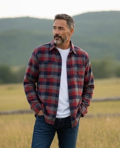 J Crew Hemd Herren Large rot grau Knopfleiste Langarm Baumwolle Flanell kariert - Bild 1 von 6