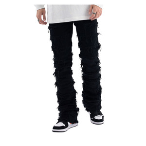 Streetwear Black Stacked Denim Jeans, y2k Distressed Jeans, Ripped Jeans