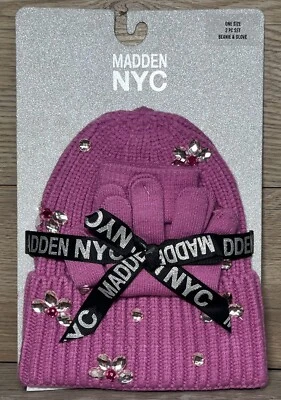 MADDEN NYC Pink Rhinestone Beanie & Gloves Women's One Size 2 Piece Winter Set - Image 1 of 4