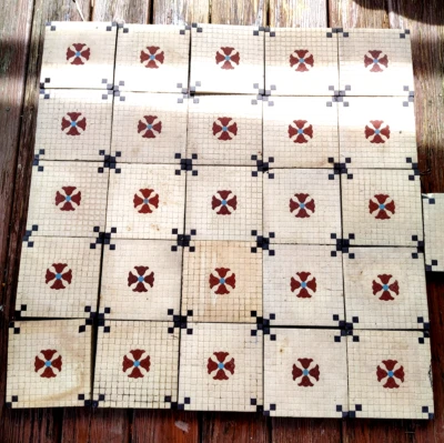 M ANTIQUE CERAMIC MOSIAC FLOOR TILES (25) CENTER RED ROSETTE  MARKED  S M F - Image 1 of 4