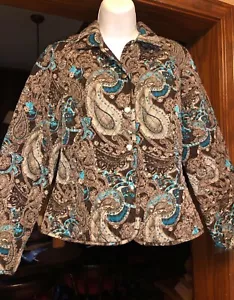 NWOT Briggs Petite Quilted Paisley Snap Front Jacket Black/gray/teal Sz 8P - Picture 1 of 6