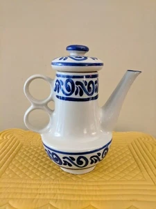 Salt Glaze Stoneware Teapot Cobalt Blue Design Unique Double Handle 10" H RARE - Picture 1 of 8