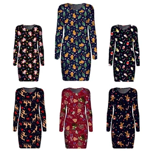 Girls Xmas Bodycon Fitted Long Sleeve Dress - Christmas Mini Party Dress - Picture 1 of 8
