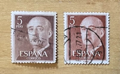 Lote de 2 selos postais Espanha Correos 5 PTAS 1950’s Vintage Marrom  - Imagem 1 de 3