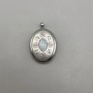 Sterling Silver Locket Pendant Vintage Oval Photo Floral Pink Flower Etched 925 - Picture 1 of 6