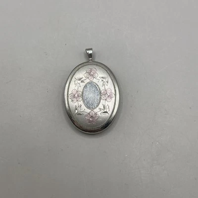 Sterling Silver Locket Pendant Vintage Oval Photo Floral Pink Flower Etched 925 - Image 1 of 4