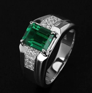 3Ct Lab Created Emerald & Diamond Men's Stunning Ring In 14K White Gold Plated - Picture 1 of 10