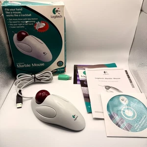 Logitech T-BB14 Red Marble Mouse Trackball Computer White USB Ergonomic W/Box - Picture 1 of 10