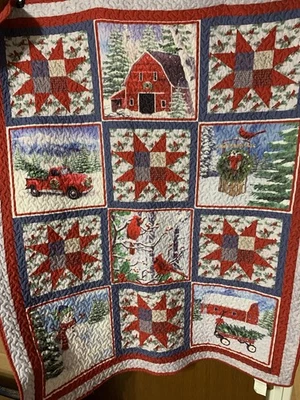 Lance de Natal acolchoado 60" x 50" pássaros vermelhos, celeiro, carroça, caminhão vermelho padrão estrela - Imagem 1 de 4