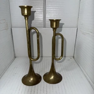 Set 2 portacandele tromba ottone massiccio vintage corno decorazione natalizia - Foto 1 di 8