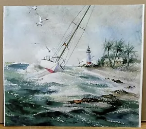 Acquerello arte nautica barca a vela faro mare bungalow gabbiano firmato - Foto 1 di 11