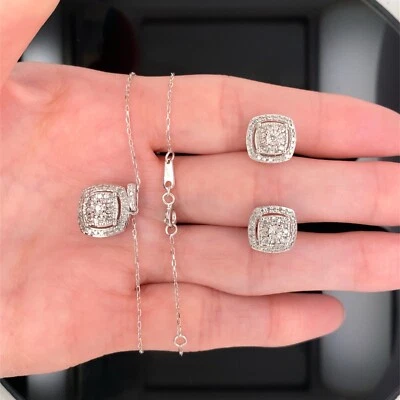 10k White Gold 3/4Ctw Natural Diamond Pendant Necklace & Earrings Set New $2500 - Image 1 of 4