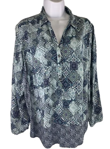 J. Jill Women's Women's Size L Blouse Blue Floral Paisley Long Sleeve 1/4 Button - Picture 1 of 17