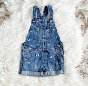 Gap Toddler Girl Embroidered Floral Blue Denim Short Overall NWT Size 4 - Picture 1 of 9
