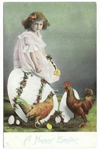 POSTAL DE COLECCIÓN C1910 A UNA CHICA FELIZ DE PASCUA CON HUEVO GIGANTE SIN USAR - Imagen 1 de 2