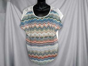 CLAUDIA RICHARD Women's Sleeveless, Multi Color Print  Lace Sheer Top Size L t - Picture 1 of 5
