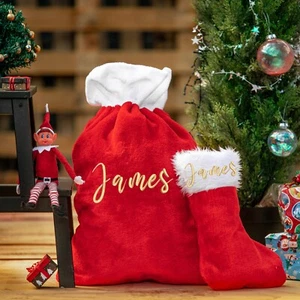 Personalised Christmas Stocking & Santa Sack Plush Red SET Embroidered with Name - Picture 1 of 15