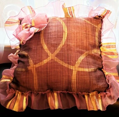 NEW Italian Fabric Hand Made PILLOWCASE Pink,Pale lilac Gold 20.9" X 20"  - Image 1 of 4