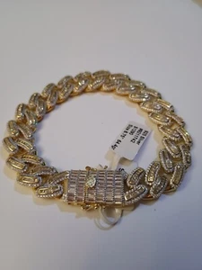 Real Solid 925 Sterling Silver 14K Gold Plated 10mm CZ Bling Miami Cuba Bracelet - Picture 1 of 8