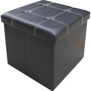 Folding Faux Leather Stool Kids Storage Box Toy Chest Ottoman Black Seat Bench - Picture 1 of 3