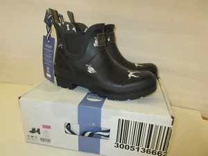 JOULES 214786 Wellibob Rain Boots Womens Size 8 Black Rubber Ankle Dogs - Picture 1 of 6