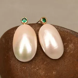Natural White Sea Shell Oval Shape Mabe Shell Green CZ Crystal Dangle Earrings - Picture 1 of 8
