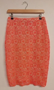 ❤River Island Size 10 Neon Orange Floral Embroidered Lacy Overlay Pencil Skirt❤ - Picture 1 of 10