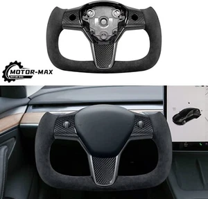 Yoke Steering Wheel Fits for Tesla Model 3 Y 2017-2023 Suede Nappa W/Heating - Picture 1 of 13