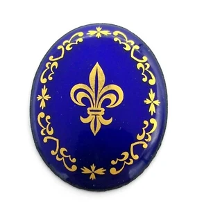 NOS Antique Lg Oval Cobalt Blue Enamel Inlaid Gold Fleur De Lis Plaque Piece B13 - Picture 1 of 2