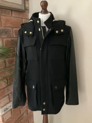 Reiss Nineteen Seventy One Black Leather Sleeve Zip Up Jacket Coat hood Size M - Image 1 of 4