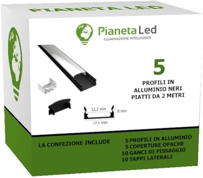 5X Profili in Alluminio Nero Da 2 Mt (10 Mt) TL1205 per Strisce a Led Con Cover  - Immagine 1 di 4