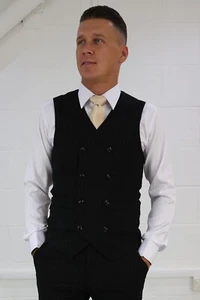 Mens Black Pinstripe High Quality Premium Waistcoat Formal Wedding Office Vest - Picture 1 of 3