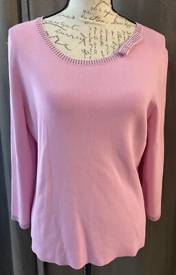 DAVID BROOKS Pullover Sweater Pink Rayon Accent Bow Polka Dot Trim Lightweight L - Image 1 of 4