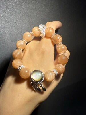 Pulsera/Dragón Elástico Piedra Lunar Naranja Natural Diseño Flores 12.6mm 45.6g Foto 1 de 4