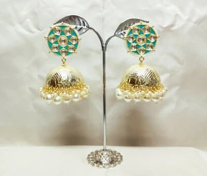 Gold Plated Firoza Meenakari Pearls Jhumki Light Weight Kundan Studded Women Set - Picture 1 of 4