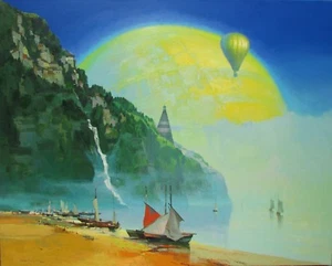 "NUEVO VYTAUTAS LAISONAS LIENZO ORIGINAL ""Mañana cerca del mar"" PINTURA SURREALISTA - Imagen 1 de 1