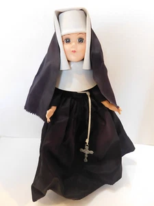 VINTAGE PLASTIC Catholic NUN DOLL 12" Black Habit w/Cross Sleep Eyes 1960 - Picture 1 of 13