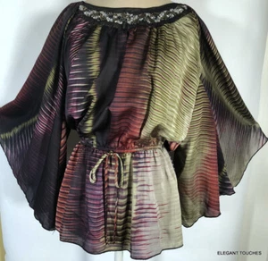 Vintage Va Va Voom Damen Kimono Ärmel Oberteil S grün bunt Perlen Y2K Boho USA - Bild 1 von 9