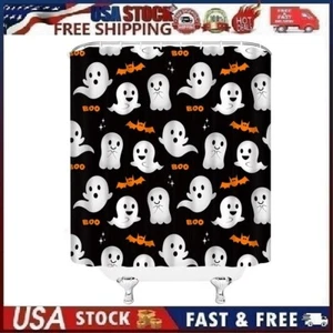 Halloween Shower Curtain Cute Cartoon Ghosts and Bats 70"x70" White Black Orange - Picture 1 of 14