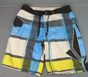 Volcom Boardshorts Swim Shorts Size 34 Foster Plaid Too Blue Yellow 23" Out Seam - Picture 1 of 9