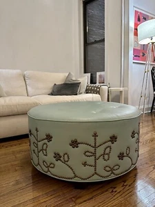 Blue Leather Ottoman With Floral Tufted Detail - Picture 1 of 2