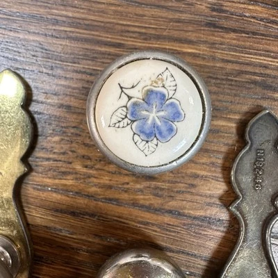 Lot Of Vintage Porcelain Cabinet Knobs Blue Floral Design w/ Brass Plates - Image 1 of 4