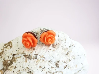 ORECCHINI CORALLO ROSA e ARGENTO 800 Pink CORAL ROSE EARRINGS in STERLING Italy - Immagine 1 di 4