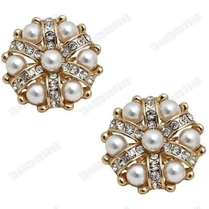 CLIP ON 3cm big PEARL&CRYSTAL EARRINGS glass rhinestone GOLD FASHION large RETRO - Picture 1 of 3