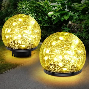 2PCS Solar Globe Garden Lights–60 LED Cracked Glass Ball, Waterproof, Warm White - Picture 1 of 7