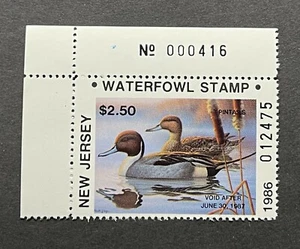 1986 NEW JERSEY - Plate# - State Duck Stamp - Lot1 - Mint OG NH **RESIDENT** - Picture 1 of 2