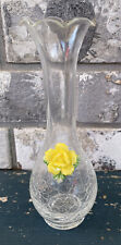 Vintage 8” Clear Crackle Glass Bud Vase With Yellow Flower Rose
