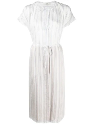 Vestido Vince L para mujer blanco azul drapeado rayas fruncido manga corta midi $375 Foto 1 de 4