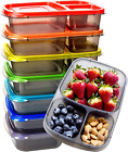 7 Pack Bento Lunch Box, Meal Prep Containers, Re-Usable 3 Compartment Plastic Di