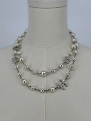 BNIB Chanel CC Pearl Silver Hardware Long Necklace with Crystals 24C - Image 1 of 4